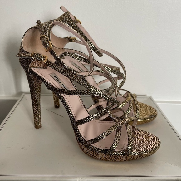 Miu Miu Gold Caviar Leather Stilettos Size 39 - Picture 3 of 10